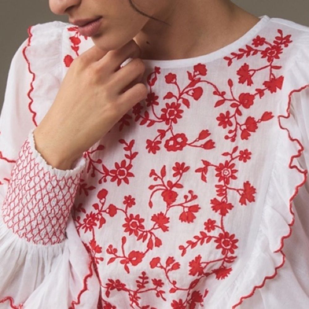 NEW FARM Rio Off-White with Red Embroidered Long Sleeve Blouse Cotton Size XXS - Picture 3 of 16